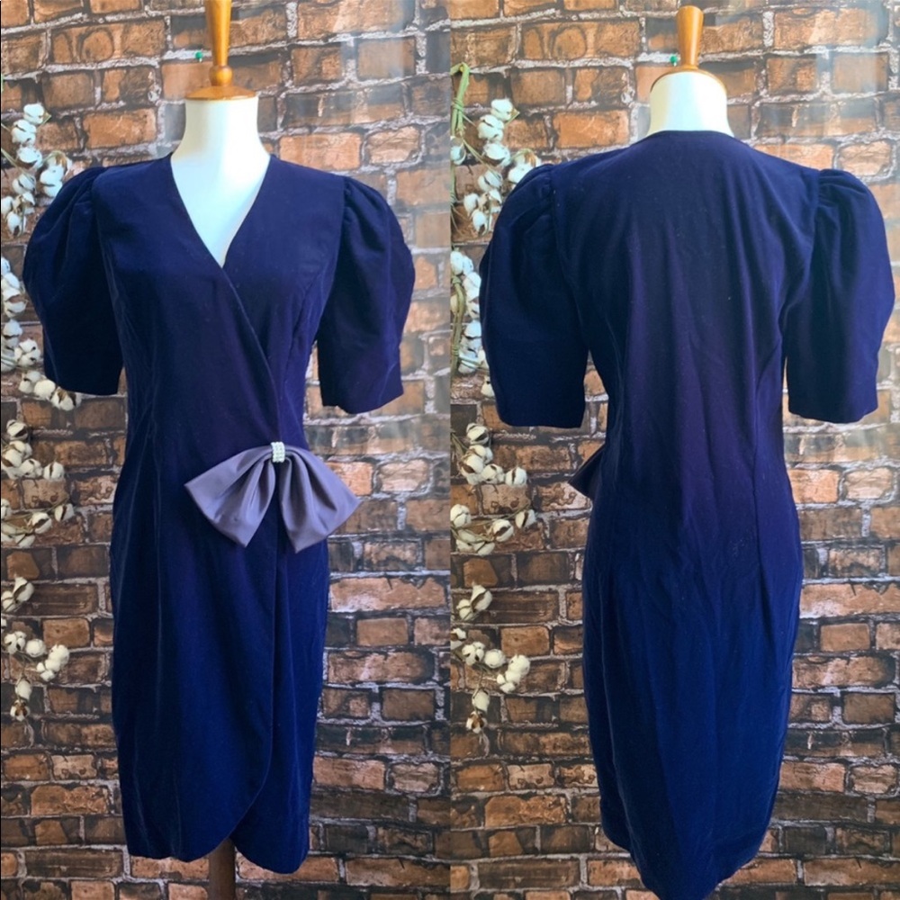 Vintage 80s Blue Velvet Puff Sleeve Wrap Dress